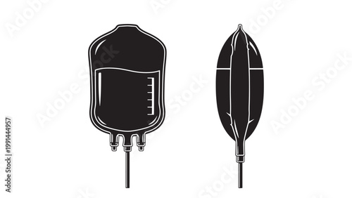 Black and white vector illustration of essential medical equipment, featuring a detailed intravenous fluid bag with measurement markings and a specialized elongated medical device.
