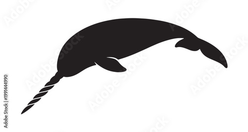 Curved Horn Narwhal Silhouette vector illustration of a narwhal showcasing its iconic spiraling tusk and graceful fluke in a dynamic pose perfect for marine wildlife graphics.