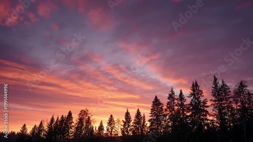 Purple sky sunset over forest treetop tree silhouette with dramatic cloud, twilight vivid orange pink dusk evening scenic horizon