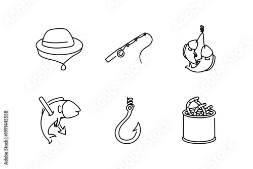 Professional Angling and Fishing Equipment Icon Set: Rod, Catch, Baited Hook, and Gear