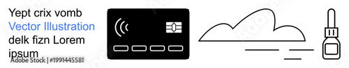 Financial technology, online payments, medical tools, health care, technology, and cloud services. Display of contactless card, cloud and medicine dropper icon. Financial technology and medical