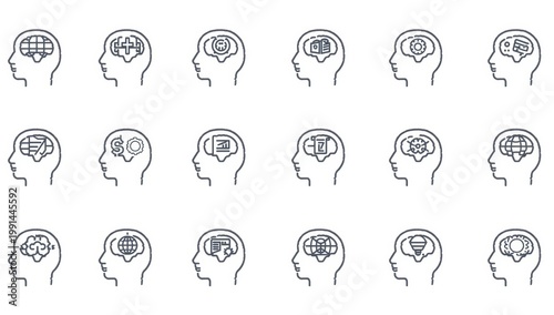 A set of eighteen human head icons representing various business and technology concepts. isolated on white background