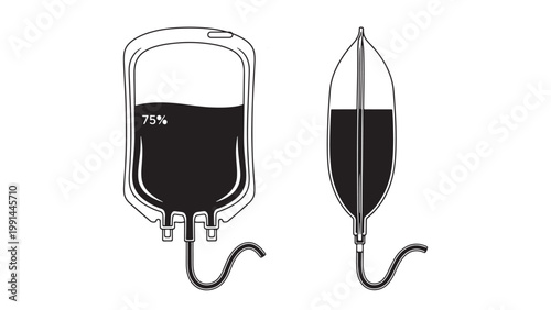 Medical Blood Bags with 75 Percent Fill Level and IV Tubes, Essential Healthcare Donation and Transfusion Equipment Line Art Illustration.
