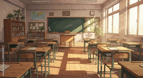 Vector icon sheet featuring a bright, empty classroom bathed in sunlight, representing education and learning, with desks, chairs, and a world map. Icons for school and academic themes