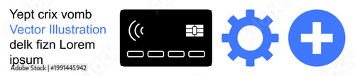 Digital payments, healthcare services, technology solutions, automation, system configuration, contactless innovation. Black card, blue gear and medical plus symbol. Digital payments and healthcare