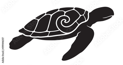 Spiral Shell Turtle Silhouette vector illustration of a black sea turtle with a stylized spiral pattern on its shell, gracefully swimming in a white, isolated graphic design space.