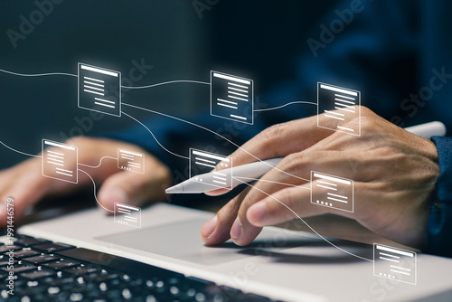 Data network connection concept with digital nodes and information flow, cloud computing, system integration and modern data communication technology.