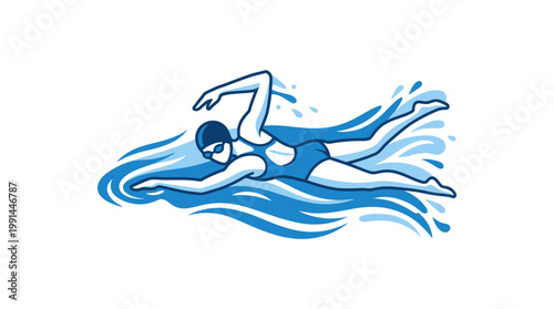 A crisp flat design vector illustration capturing a swimmer mid-stroke, ideal for aquatic sports graphics or fitness applications. 
