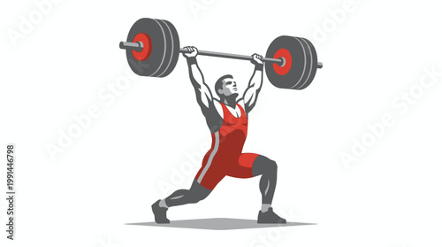 A powerful flat design vector illustration of a weightlifter executing a clean and jerk, perfect for gym branding or strength training content. 