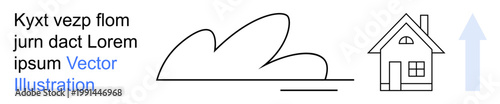 Real estate, weather forecast, residential growth, home upgrades, upward trends, nature. Black and white drawings of a house, cloud line and upward arrow. Real estate and weather forecast