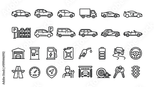 Set of vector icons representing vehicles and transportation elements with transport automobile mechanic maintenance steering charging electric convertible motorcycle limousine ambulance