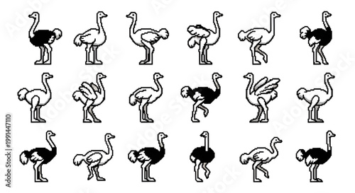 Pixel Art Ostrich Character Sprites Set for Retro Games, 8-Bit Flightless Bird Animation Pack Isolated on White