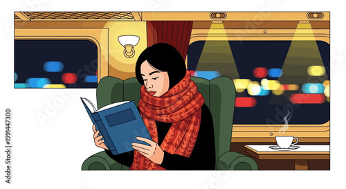 Woman in a red scarf reading a book in a cozy train compartment at night.