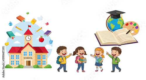 Back to School Illustration Happy Students and Educational Symbols
