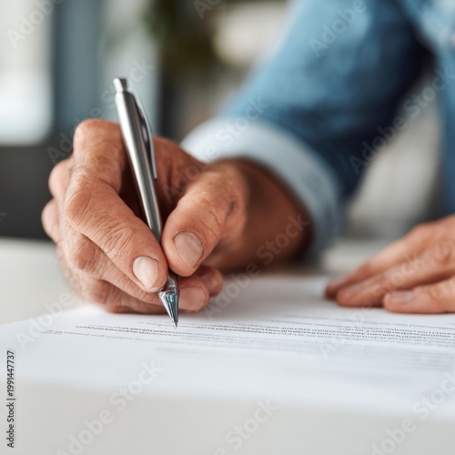 Close Up of Hand Writing with Pen on Paper Business Document Completion Concept Showing Professionalism and Focused Intentions in Office Environment. Generative AI