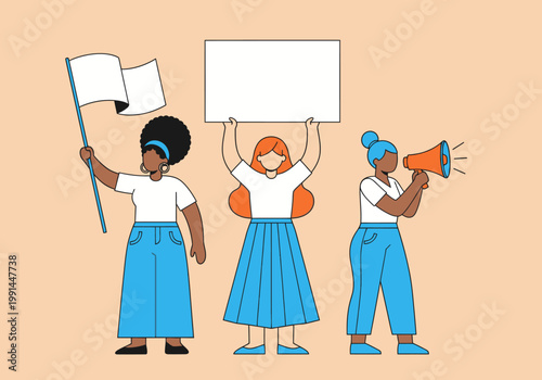 Group of Diverse Women Protesting with Blank Sign, Megaphone, and Flag; Flat Illustration of Activism, Social Justice, and Female Empowerment Campaign