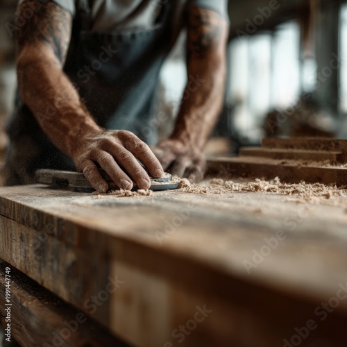 Skilled Craftsman Sanding Wooden Surface in Workshop Crafting Natural Beauty with Precision Tools and Expert Hands Creating Unique Furniture and Décor Items. Generative AI