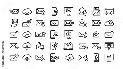 Vector graphics of email and communication icons with communication envelope notification document smartphone computer internet transfer download delivery dispatch illustration signature