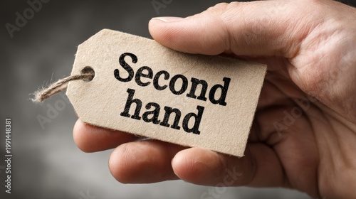 Hand holding a second hand tag showcasing the concept of sustainability and thrift shopping in a minimalistic yet appealing visual style. Generative AI