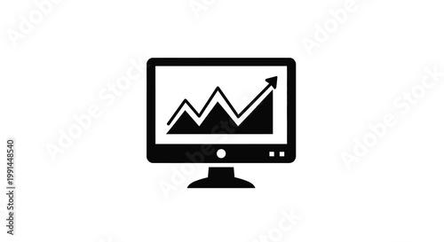 A black computer monitor displays a rising graph in stark silhouette