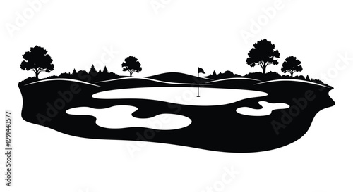 A stylized black and white illustration of a golf course hole