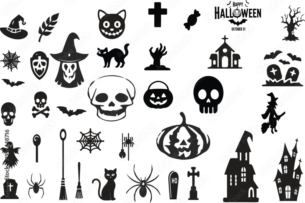 Obraz premium Halloween Icons Set – Spooky Silhouettes Collection with Skull, Pumpkin, Witch, Bat, Cat, Haunted House