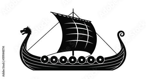 A black and white illustration of a traditional viking longship at sea