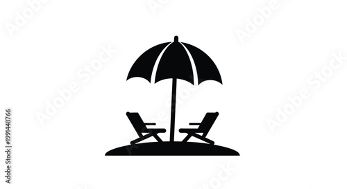 A black silhouette depicts a beach scene with chairs and umbrella