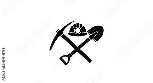 Mining tools a pickaxe hard hat and shovel crossed together