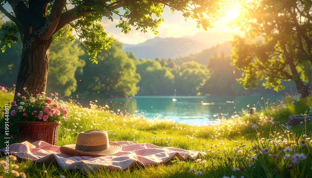Obraz premium Serene lakeside picnic setup at sunset with lush greenery