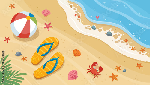 A colorful beach scene with flip flops, a beach ball, and seashells on the sand