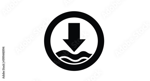 Black icon depicting a downward arrow over wavy water lines