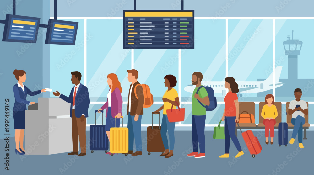 Αυτοκόλλητο People waiting in line at airport check-in.