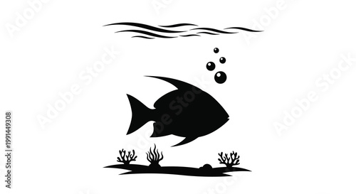 Minimalist black silhouette of a fish swimming near coral