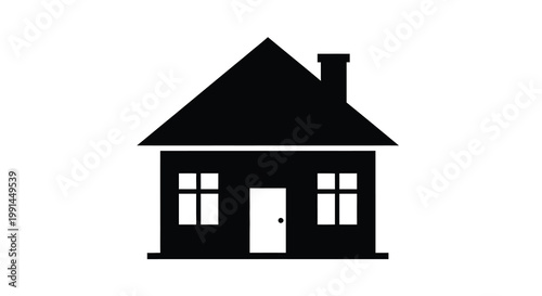 Simple black silhouette of a classic house with a chimney