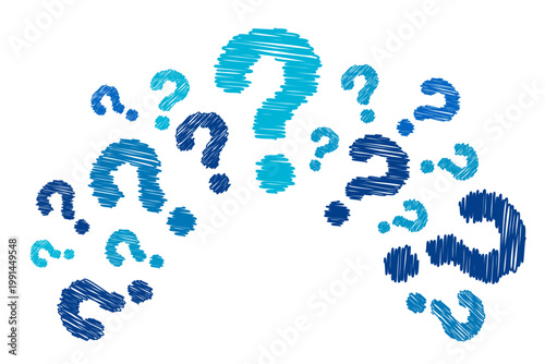 Question mark doodle textured hand-drawn signs. Quiz abstract illustration for answers on white background. Curiosity blue symbols of doubt for trivia game and survey banner.