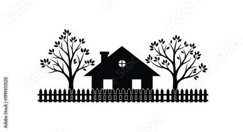 Simple black silhouette of a house with trees and picket fence