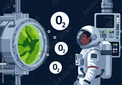 Astronaut observes algae oxygen production in space. A modern space station displays oxygen levels alongside a green algae growth. Clean, futuristic design.