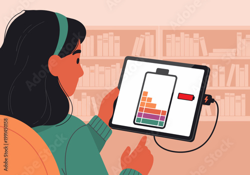 A young Asian woman uses a tablet, checking its low battery. She?s in a library setting, focused on her device. Modern, active lifestyle.