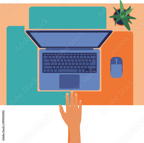 A clean workspace featuring a laptop, keyboard, mouse, and desk organizer. Primary and secondary reach zones are highlighted, showcasing efficient desk layout. Modern, professional aesthetic.