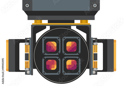 Close-up of an infrared sensor array rescue system.  Detailed view of the sensor components with vibrant thermal imaging. Modern technology, industrial design.