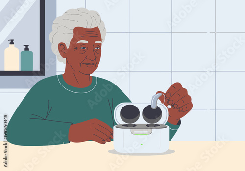 An elderly Black man carefully charges his hearing aids. Clear, focused image showcasing assistive technology and senior care. Bright, modern bathroom setting.