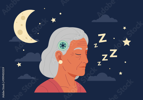 An elderly woman peacefully sleeps, with a neuro-sleep device, under a starry night sky. Soft, calming colors evoke relaxation and restful sleep. Ideal for wellness and senior care visuals.