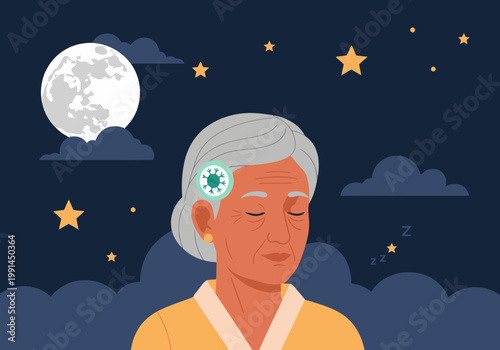 An elderly woman peacefully sleeps under a starry night sky, enhanced with a subtle neuro-relaxing effect. Soft, calming colors and a serene expression evoke restful sleep.