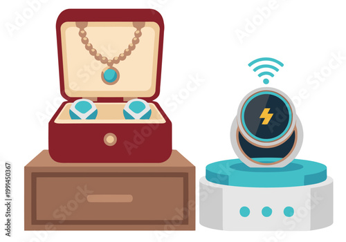Elegant ring charging dock displays a jewelry box and smartwatch. Modern, stylish design. Perfect for tech and luxury visuals.
