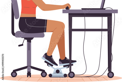 A young woman exercises her legs using under-desk pedals while working on a laptop. Modern office setting, promoting wellness and productivity. Clean, bright, and professional.