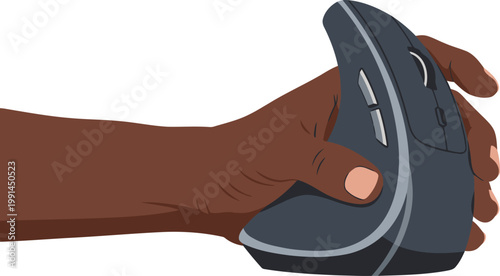 A hand holds a vertical mouse, demonstrating ergonomic wrist health. Clean, modern illustration. Ideal for health & technology concepts.