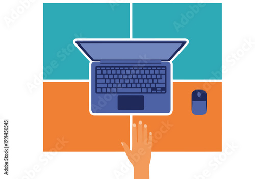 A hand interacts with a laptop on a desk, showcasing primary and secondary reach zones. Clean, modern workspace illustration for digital marketing.