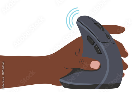 A hand uses a vertical mouse, demonstrating ergonomic wrist health. Clean, modern illustration highlights comfortable design and posture. Suitable for health & wellness content.