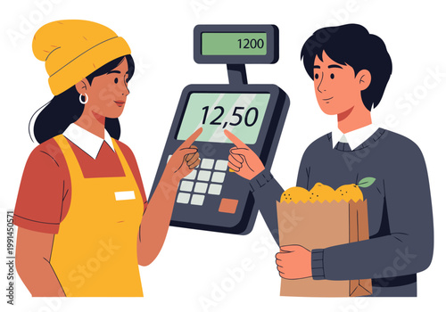 A young man and woman check out groceries at a digital terminal. They are smiling and appear engaged with the transaction. Bright, modern retail setting.